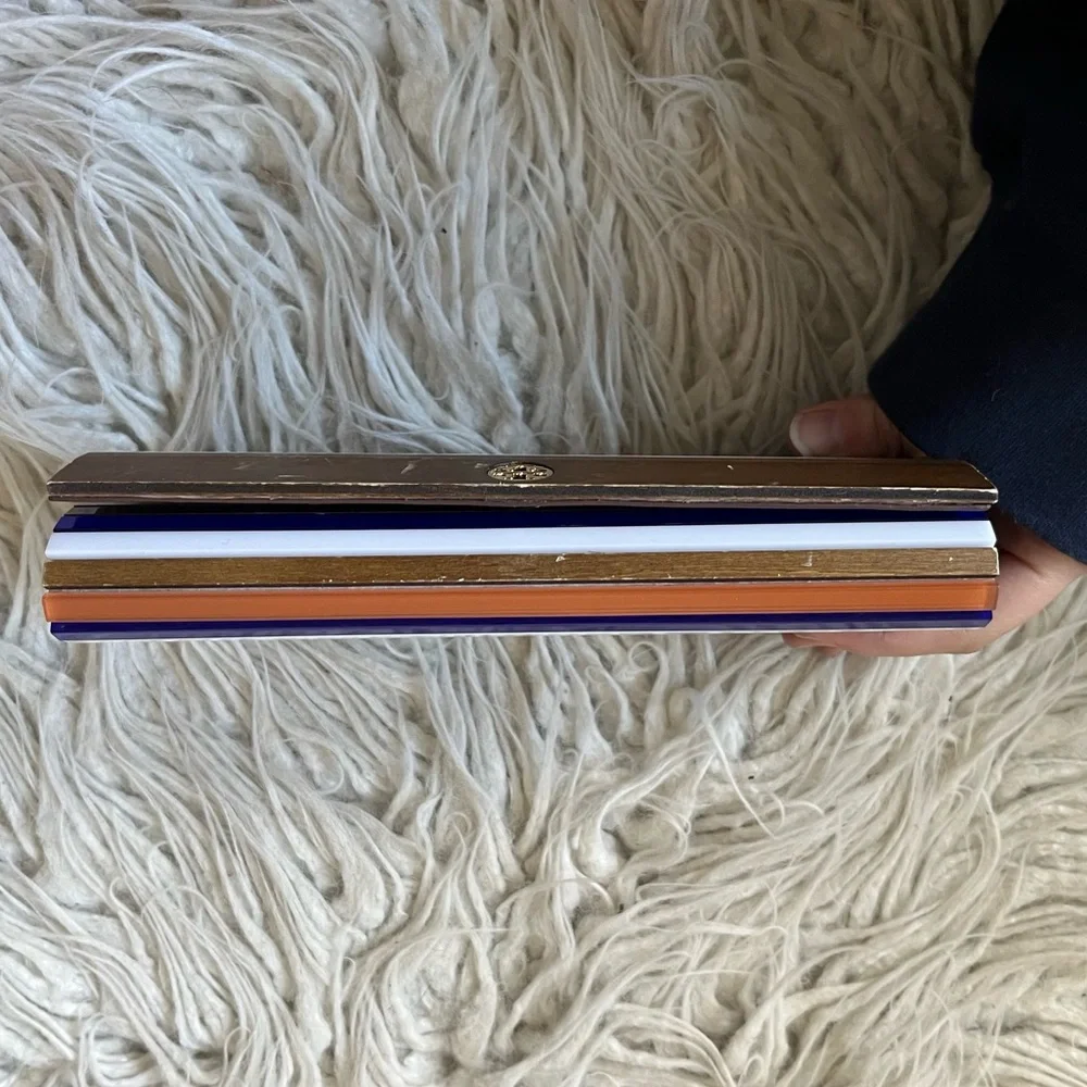 Tory Burch Reyna Multicolor Block Resin Brown Wood Striped Glossy Clutch Bag OS